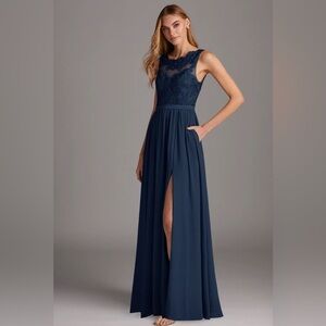 Azazie Navy Blue Lace Maxi Dress